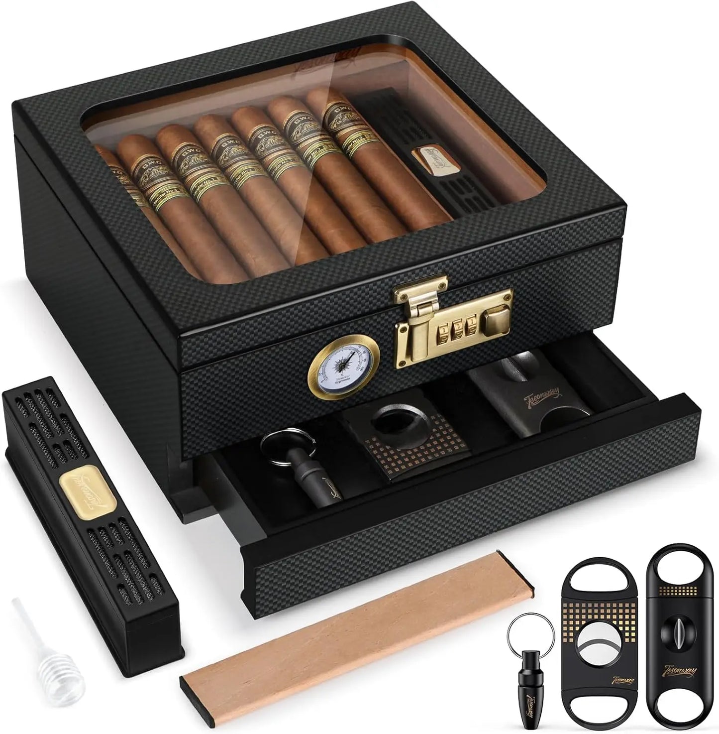 Cigar Humidor Cedar Wood Humidor Cigar Box Glass Top Desktop Humidor with Front Hygrometer Humidifier Divider Accessories Drawer
