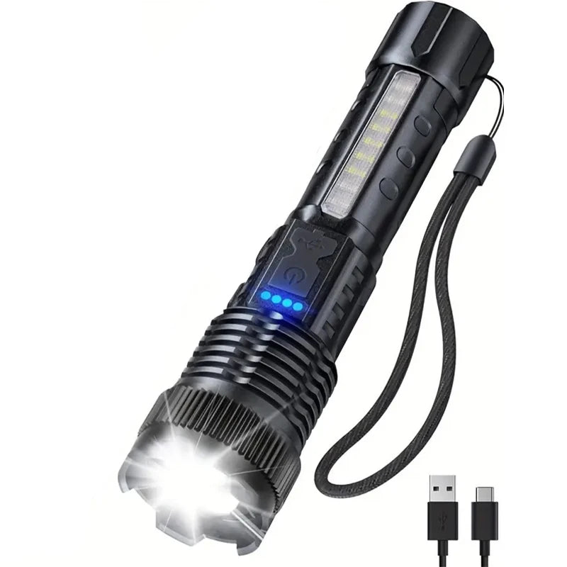 High Power Rechargeable LED Flashlight With Zoom And COB Side Light