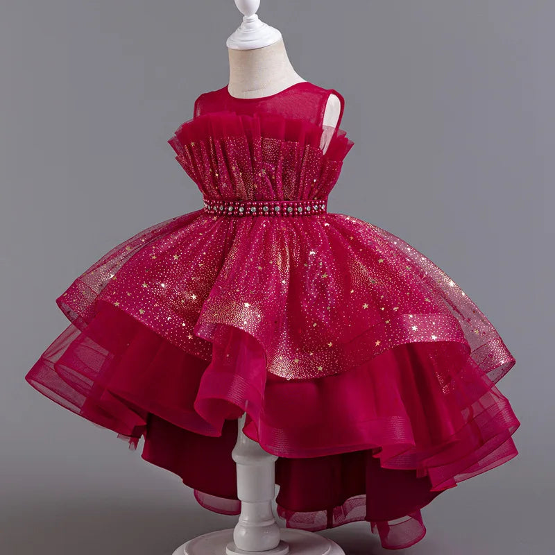 Elegant Girls' Performance Gown - Sleeveless Tulle Dress with Train for Piano Recital & Walk Show