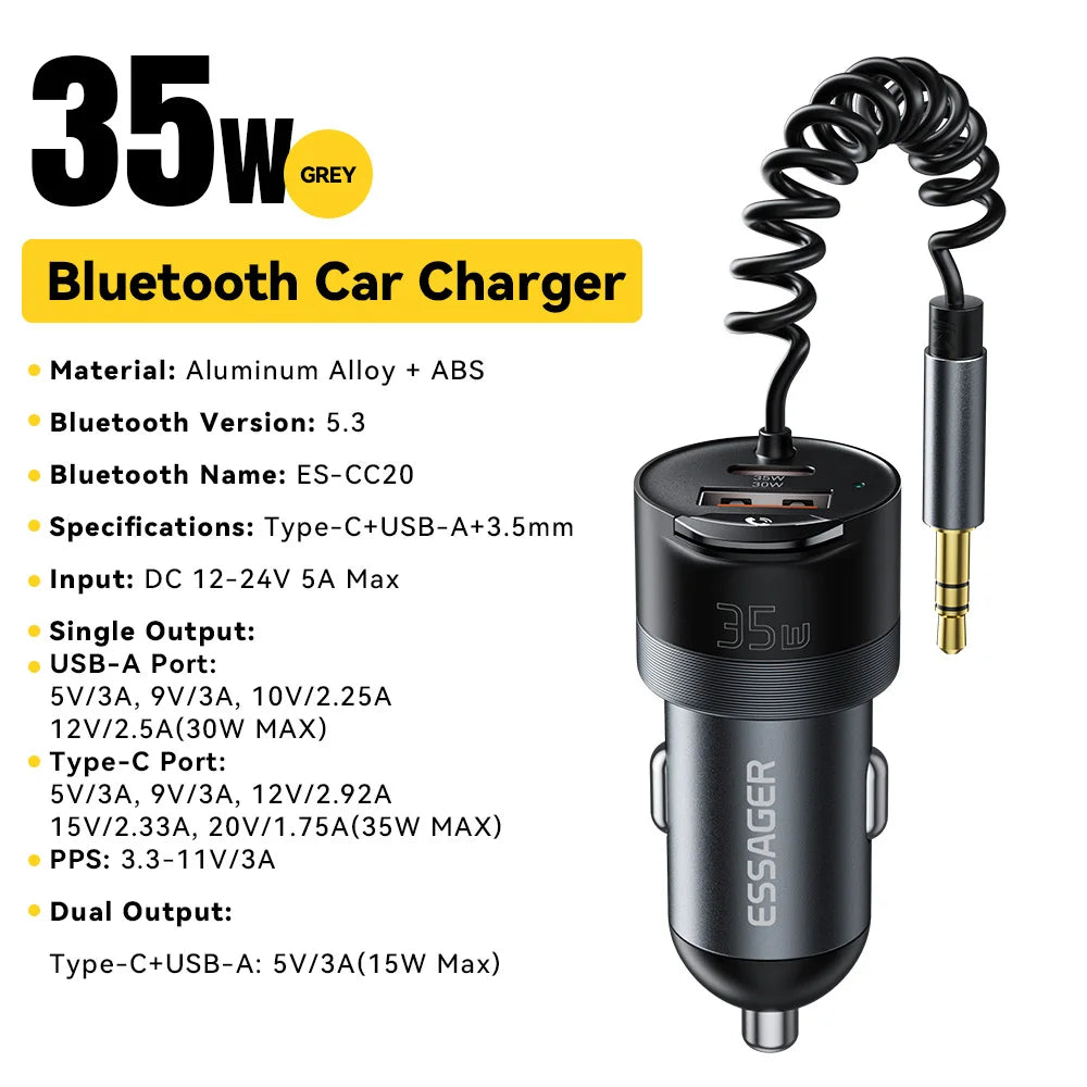 Bluetooth 5.3 Car Charger AUX Adapter PD 35W QC 30W Fast Charging USB C + USB with 3.5mm Audio