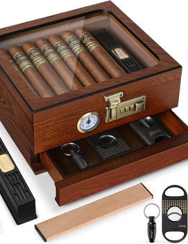 Cigar Humidor Cedar Wood Humidor Cigar Box Glass Top Desktop Humidor with Front Hygrometer Humidifier Divider Accessories Drawer