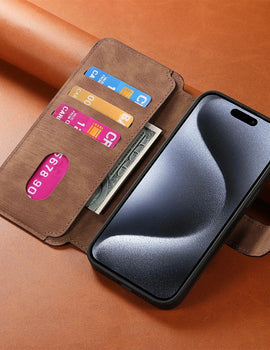 Flip Leather Wallet Case for iPhone 16 15 Pro Max 14 Plus 16E Magsafe Detachable Card Slot Holder Cover