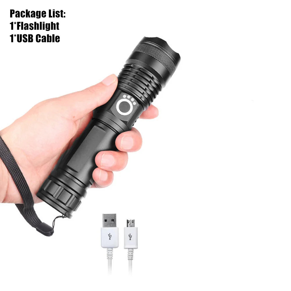 XHP70.2 LED Flashlight Rechargeable Zoom Tactical Torch USB Waterproof Camping Hunting Light