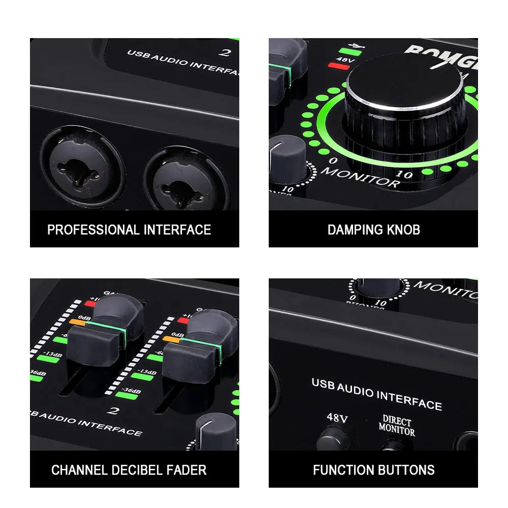 Mini 2 Channel USB Audio Interface with 48V Phantom Power for Recording and Streaming