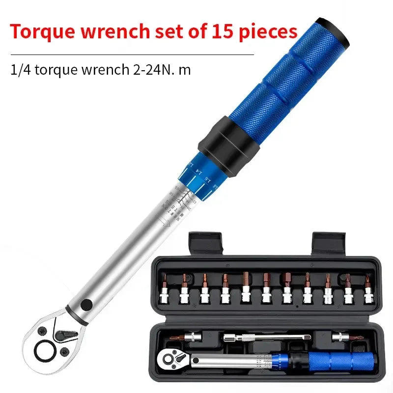 15-Piece Bicycle Torque Wrench Set 1/4" Drive 2-24Nm Bike Repair Tool Kit with Hex Bits, Torx & Extension for Bicycle & Motorcycle Maintenance
