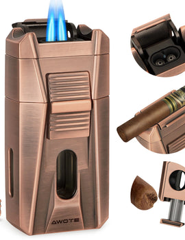 Cigar Lighter with Double Jet Flame, Refillable Cigar Torch Lighter with Cigar Holder, V-Cigar Cutter, Cigar Draw Enhancer