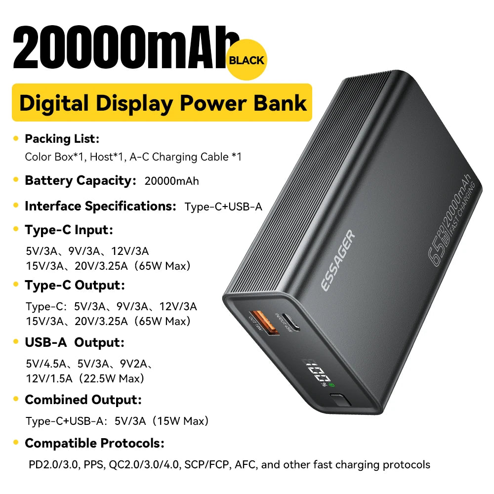 20000mAh Power Bank 65W PD Fast Charging Portable Charger USB-C with Built-in Cables for Laptop & Mobile