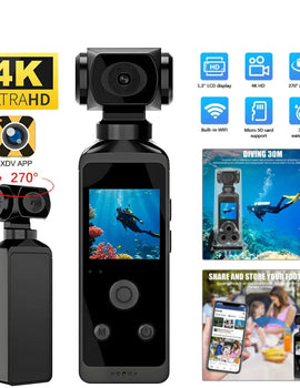 4K HD Pocket Action Camera 270° Rotatable Anti Shaking Wifi Sports Camera 30m Waterproof Small Video Camcorder for Photography