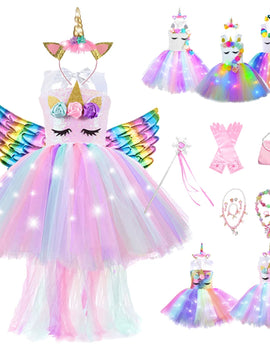 Girl Unicorn Dresses for Girls Tutu Princess Party Dresses with LED Lights Flower Birthday Party Cosplay Costume Girls Clothing