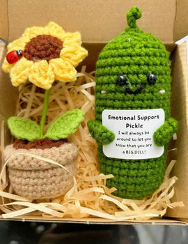 4 Pcs Positive Energy Cucumber with Sunflower Pot Kit Home Room Decor Funny Handmade Knitted Potatoes Wool Doll Christmas Gifts