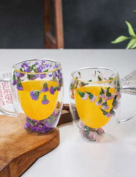 Double Wall Glass Coffee Mugs Double Insulated Glass Cup 350ml Flower Design