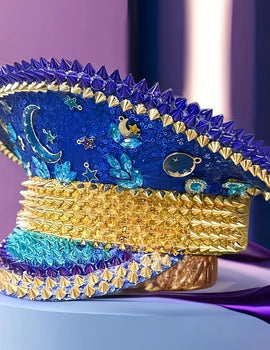 Ramadan Festival Captain Hat Moon Blue Gold Rivet Unisex Adult Military Cap Rhinestone Hen Do Hat Steampunk Masquerade Party