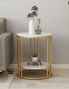 2-Tier White Marble Side Table Round Coffee Table Nightstand Jewellery Storage