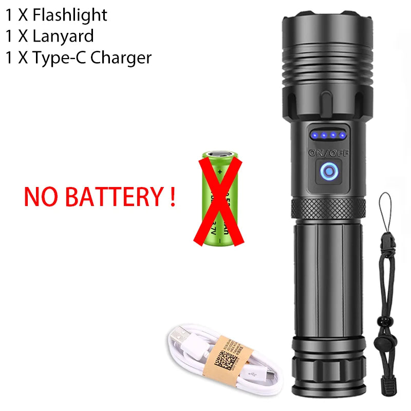 XHP120 LED Flashlight Rechargeable Zoom Tactical Torch with COB Side Light Power Bank Function