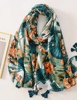 Beige Coffee Scarf Luxury Thin Women Scarves Spring Floral Hijab Veils Soft Cotton Shawl Wrap Tassel Viscose Muslim Woman Hijab