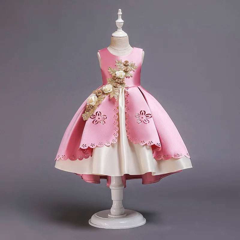 Girls Summer Princess Dress - Sleeveless Tulle Tutu with Floral Appliques | Kindergarten Performance Outfit, Birthday Party Gown