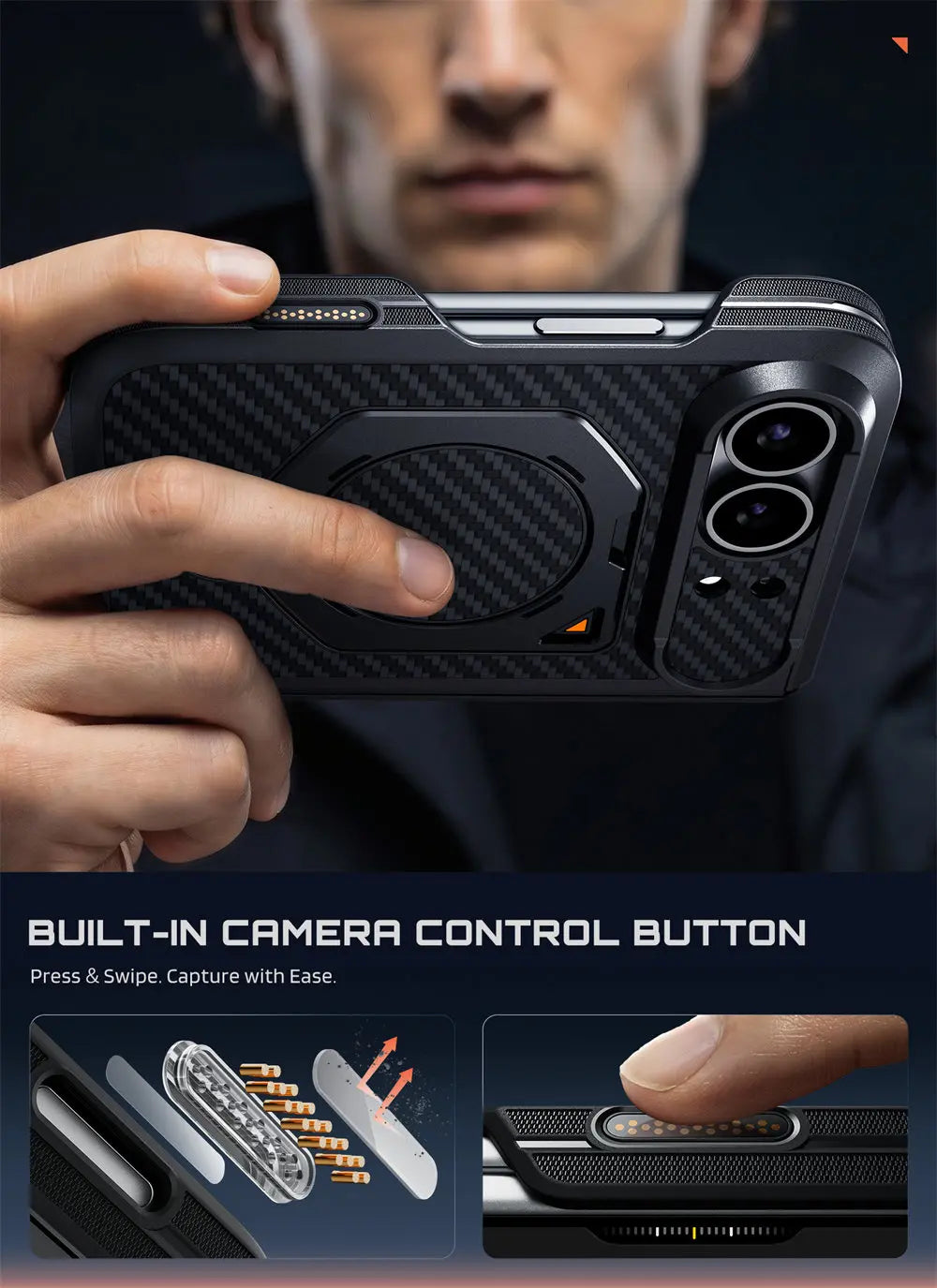 Rugged Aramid Fiber Phone Case with 360 Degree Magnetic Ring Stand and Clear and Privacy Screen Protectors for iPhone Duo