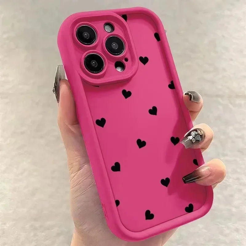 Black Love Heart Soft Matte Phone Case For iPhone 17 Air 14 Pro 16E Plus Cover For iPhone 15 16 17 Pro Max Cases