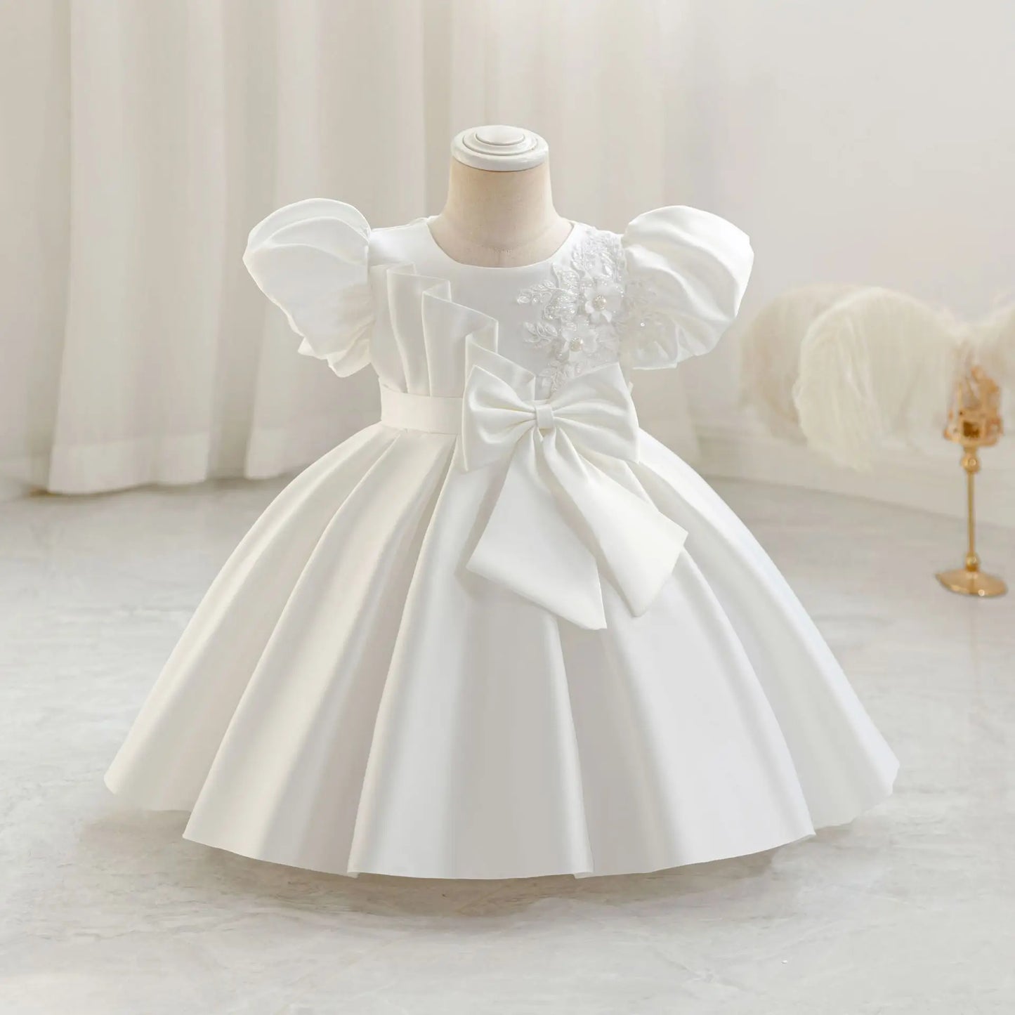 Baby Princess Party Dress with Bow and Bubble Sleeves