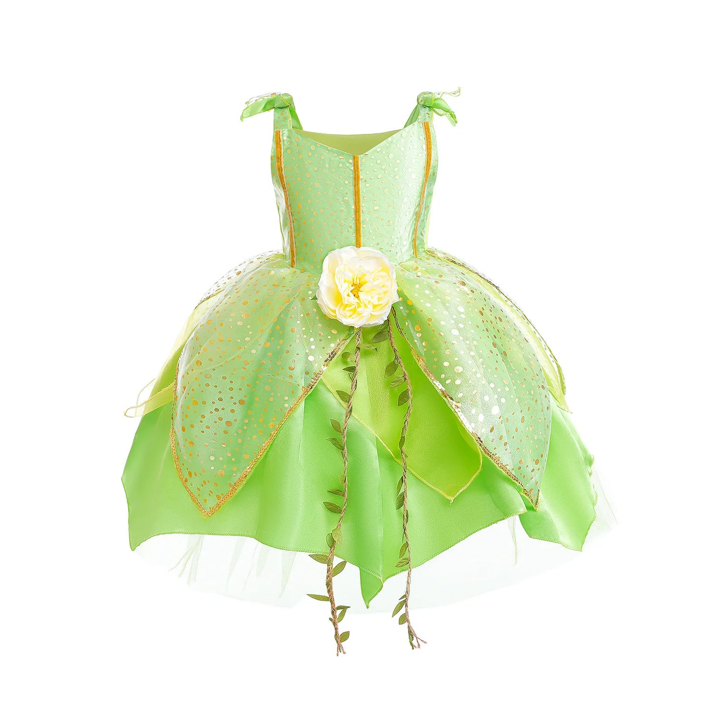Girl Green Leaf Sequin Fairy Dress Sleeveless Strap Elf Tutu Gown Kids Birthday Party Halloween Cosplay Forest Princess Costume