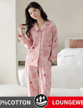 Women’s Winter 100% Cotton Pajama Set – Loose Fit, Turn-Down Collar, Long Sleeves, Cute Pink