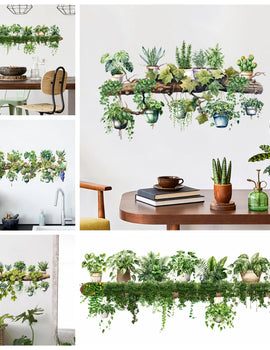 Green Vine Dill Leaves Flower Hanging Basket Wall Stickers Bedroom Dining Living Room Kitchen Green Plant Home Decor Wall Decals