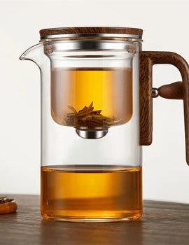 One Click Switch Tea Separation Filtration Glass Tea Pot Wood Handle Tea Water Separation Inner Container Teapot