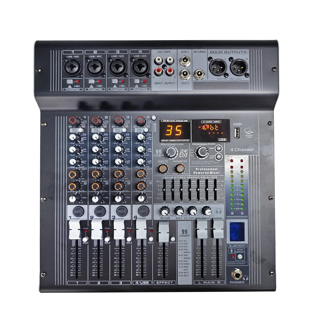4 Channel DJ Audio Mixer with USB Bluetooth and 99 Effects