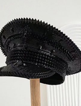 Black Sequin Festival Captain Hat Punk Rhinestone Masquerade Military Cap Handmade Sergeant Hat Bride Music Festival Cosplay