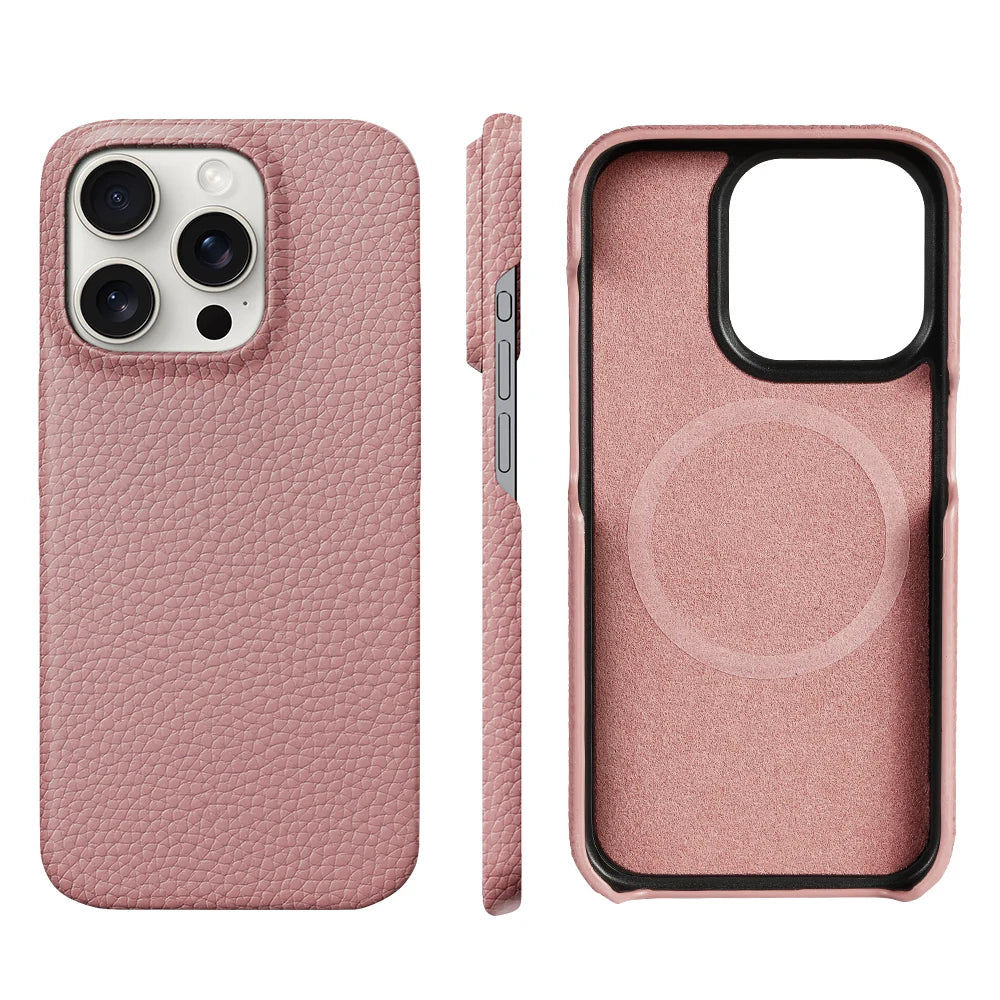 for Magsafe Case for iPhone 15 16 Pro Max Promax 16Pro Natural Cowhide Lychee Leather Protector Luxury Phone Back Cover