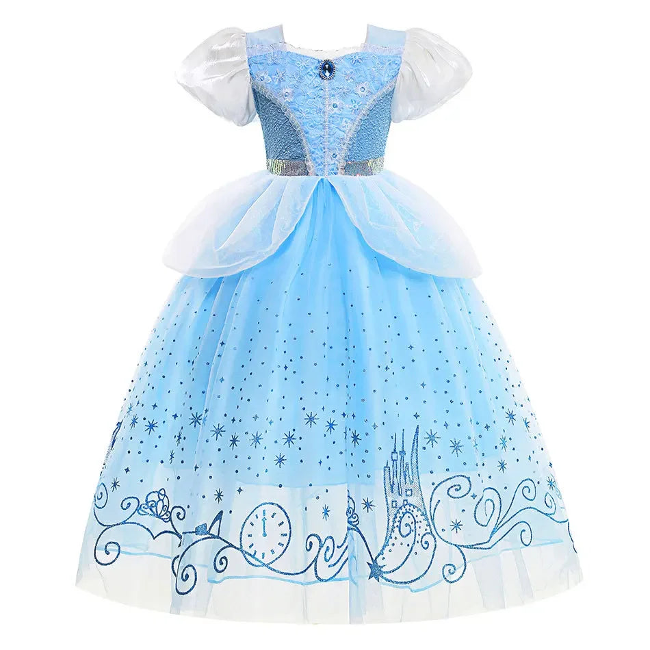 Halloween Children Bubble Sleeve Dress Blue Girls Tutu Costume Birthday Party Gown for Purim Gift