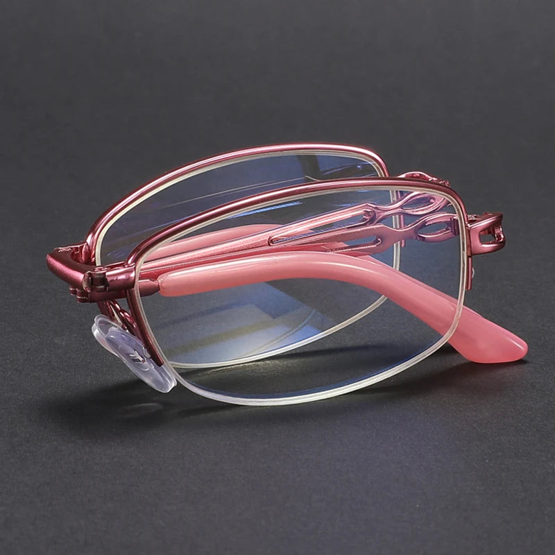 Pink Folding Reading Glasses with Blue Light Blocking Lenses and Alloy Frame