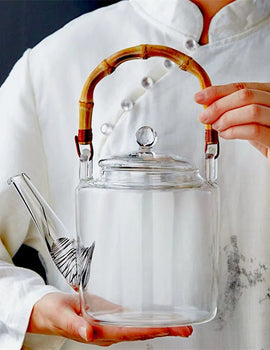 1350ml Bamboo Handle Beam Tea Pot Heat Resistant Glass Teapot With Filter Flower Tea Kettle Kungfu Lifting Beam Tea Pot Teaware