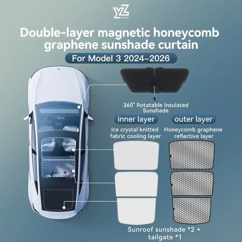 Graphene Honeycomb Sunshade Set for Tesla Model 3 Highland and Model Y Juniper 2025 2026