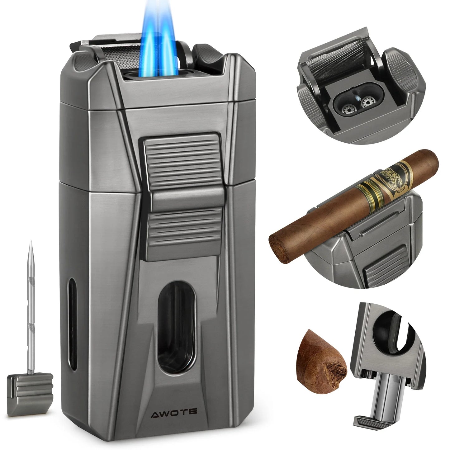 Cigar Lighter with Double Jet Flame, Refillable Cigar Torch Lighter with Cigar Holder, V-Cigar Cutter, Cigar Draw Enhancer