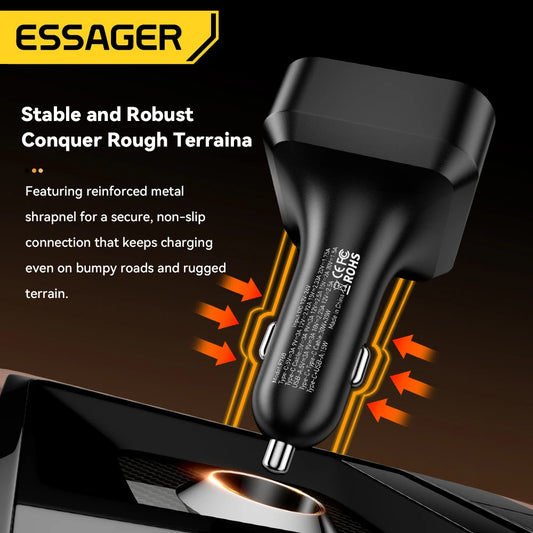 65W USB C Car Charger 3 Port Retractable Cable PD 3.0 QC 3.0 Fast Charging Adapter