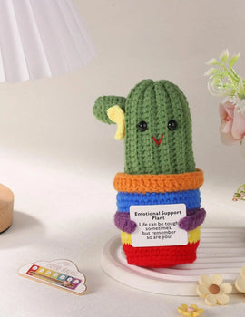 2 Pcs Funny Crochet Positive Energy Cactus Doll with Encouragement Card Handmade Wool Knitted Emotional Support Plant Ornament Gifts