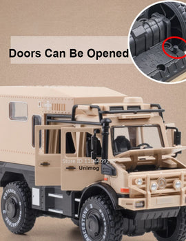 1:28 Scale Unimog U5000 Land Rover Defender Toy Car Model Rubber Tire Alloy Diecast Sound Light Off-Road Vehicle Toy