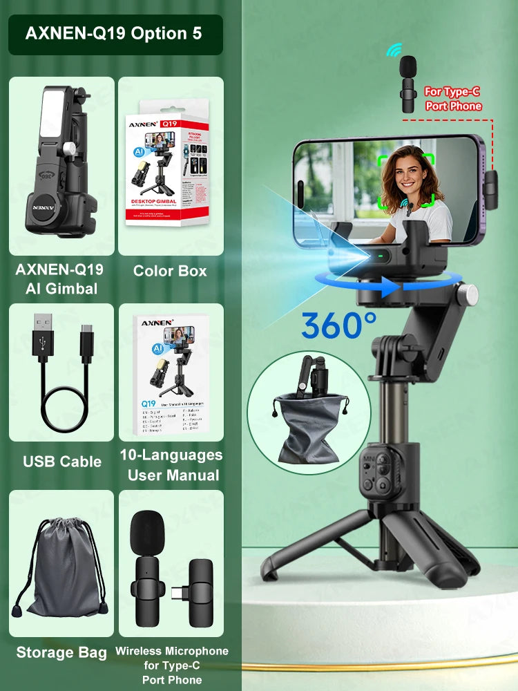 Q19 AI Desktop Gimbal Stabilizer 360 Rotation Auto Face Tracking Mobile Phone Handheld Anti-shake Selfie with Fill Light