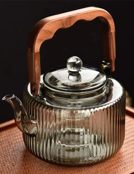 Large Capacity 1200ml Vertical Stripe Pattern Glass Tea Pot Kungfu Tea Set Wooden Beam Tea Kettle Brewing Puer Teapot Teaware