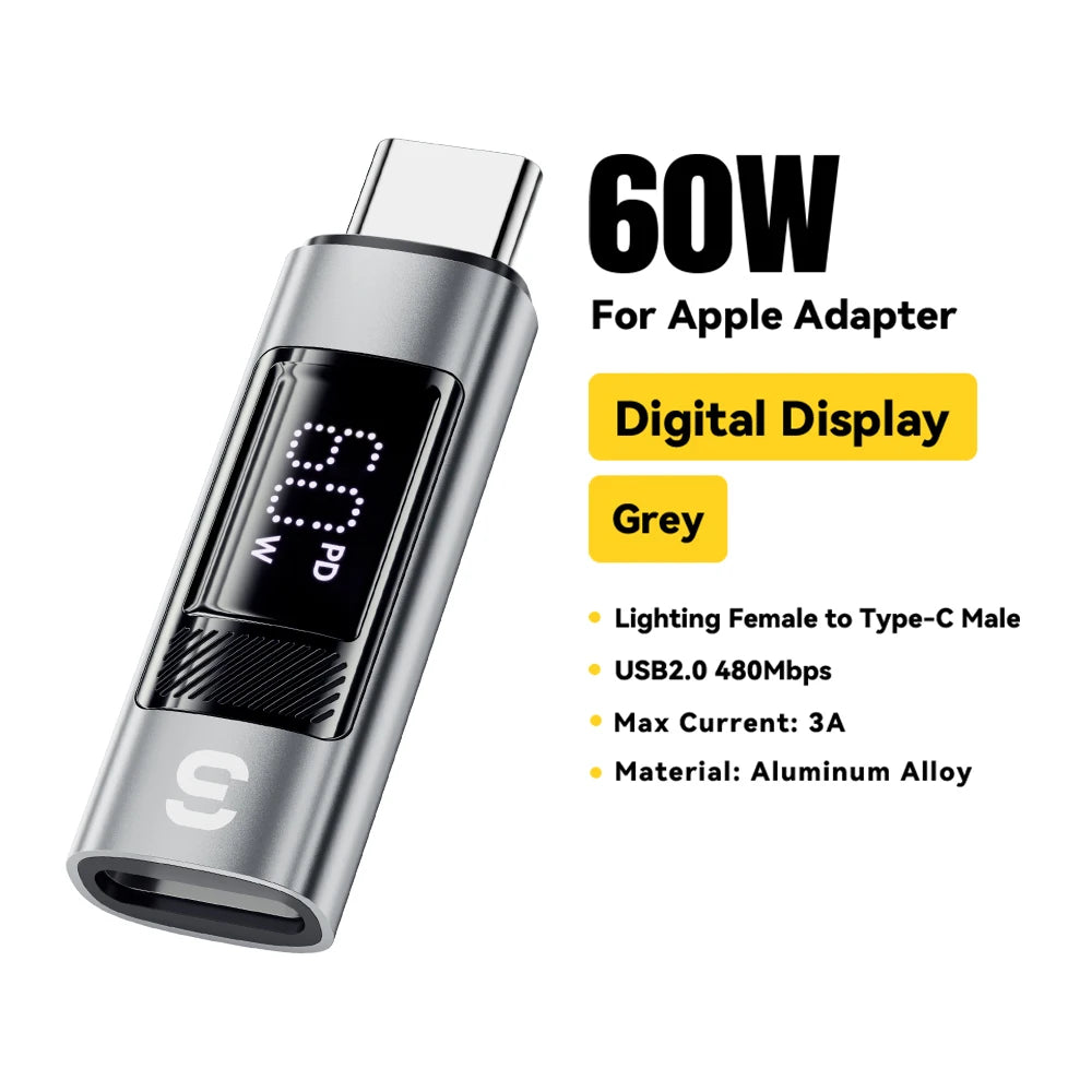 Type-C to Lightning OTG Adapter with Digital Display (PD 60W Fast Charging)