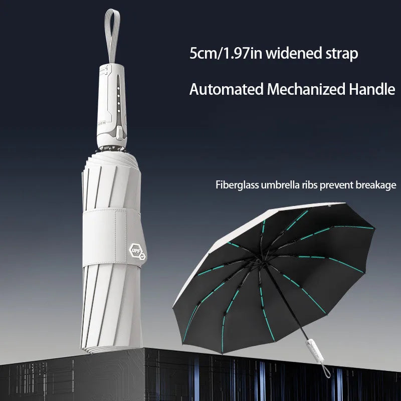 Mechanical Style Fully Automatic Wind Resistant Folding Umbrella Wide Strap Large Coverage
