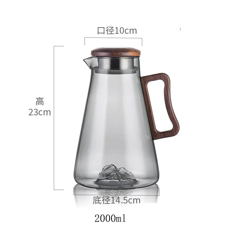 Large Capacity 2000ml Glass Water Jug with Wooden Handle and Filter Lid