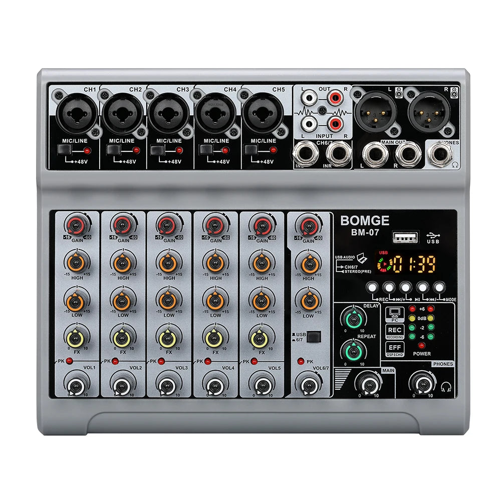7 Channel Audio Mixer With Bluetooth USB 48V Phantom Power And Headphone Monitor