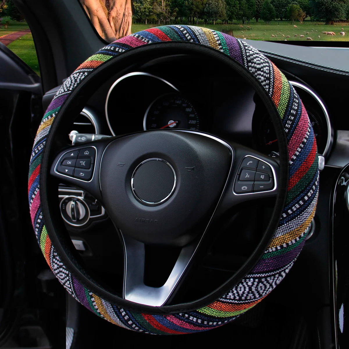 Bohemian Linen Fabric Car Steering Wheel Cover 37CM 38CM
