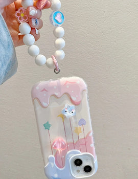 Cartoon 3D Heart Star Ice Cream Bead Strap Phone Case For iPhone 15 13 14 Pro Max Plus INS Lovely Soft Silicone Back Cover