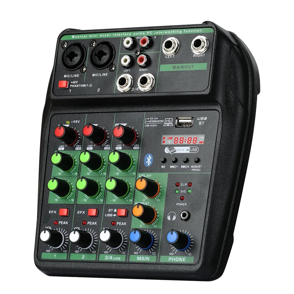 A4 4 Channel Audio Mixer With Bluetooth 48V Phantom Power And Monitoring