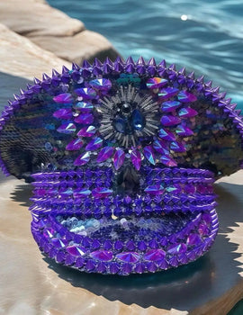 Purple Bling Captain Hat Rhinestone for Woman | Steampunk Military Cap for Burning Man Music Festivals Accessories