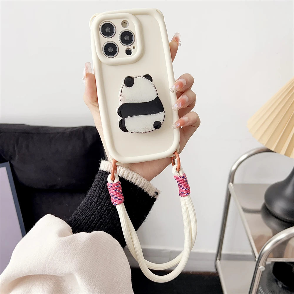 Cute 3D Cartoon Panda Grip Holder Lanyard Phone Case For iPhone 15 14 13 Pro Max Strap Lens Protection Silicon Soft Cover