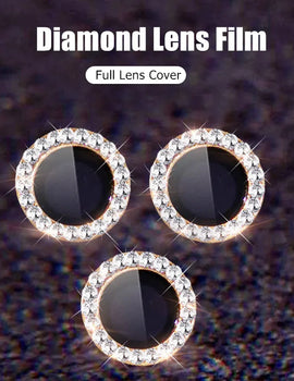 Glitter Diamond Rhinestones Metal Ring Camera Tempered Glass For iPhone 15 11 12 13 14 Pro Max Plus Lens Protector Full Cover